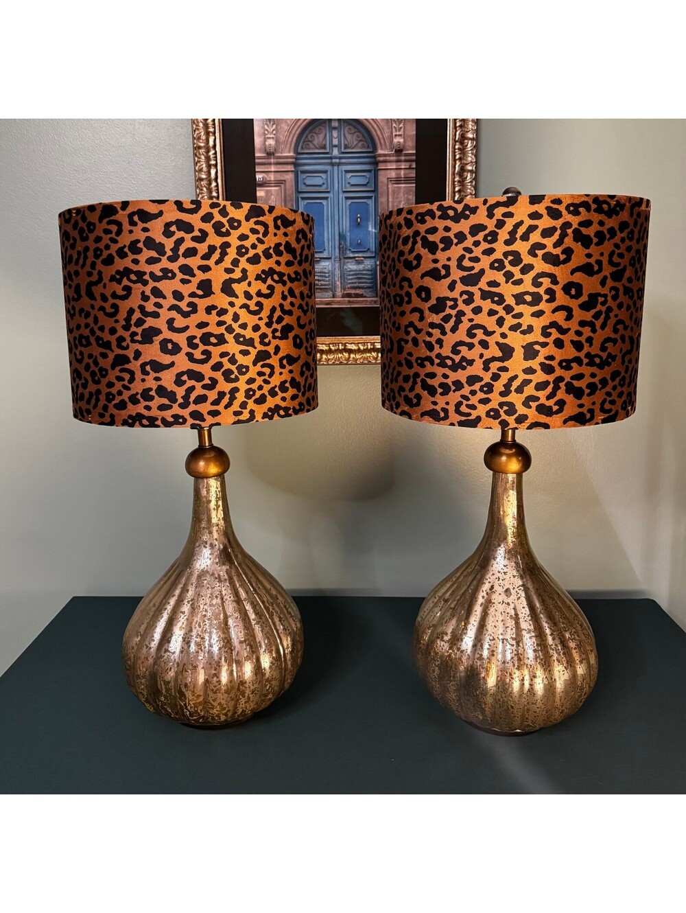 Pair of Hollywood Regency VTG Brass & Ribbed Mercury Glass Lamps Leopard Shades